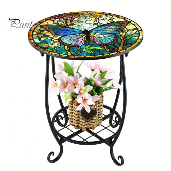 2-layer Storage Rack Outdoor Side Table, Round Small Mosaic Bird Butterfly Patio Accent, Indoor End Table Plant Coffee Tea for Yard Porch Garden