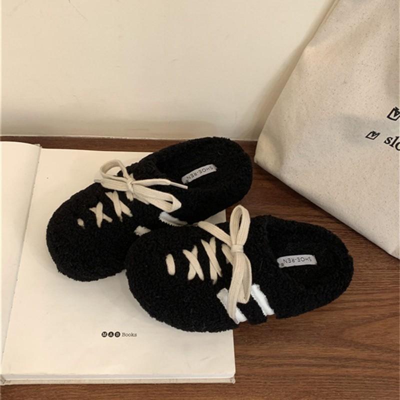 Mao Mao Slippers Women's 2025 Autumn and Winter Internet Celebrity Lamb Wool Lace-up Bag Head Cotton Mop Outer Wear Plush Lazy Mao Mao Shoes