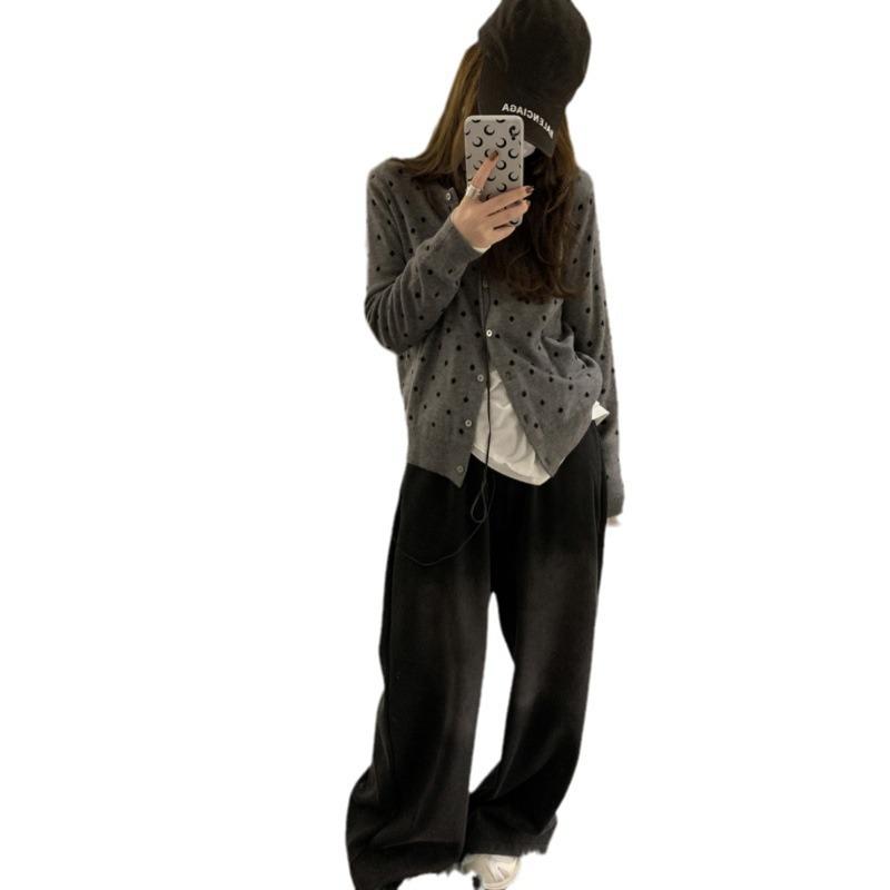 Women's Gray Polka Dot Knit Cardigan - 2024 Slim Fit with Layered Design