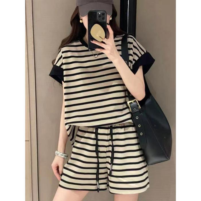 

Imitation cotton milk silk new sports suit T-shirt shorts suit women s summer short sleeve two-piece set trendy M чёрный
