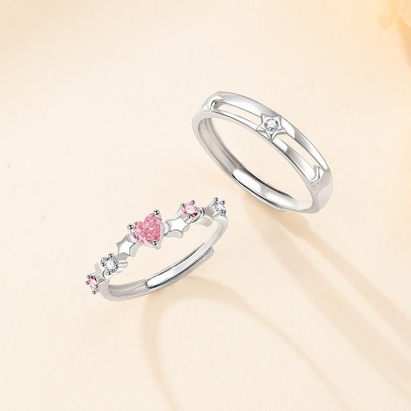 Couple Star Ring Open Band Sweet Niche High Sense Pink Zircon Jewelry