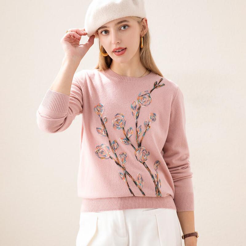 TUHUANG Women's Pure Wool Embroidered Round Neck Sweater
