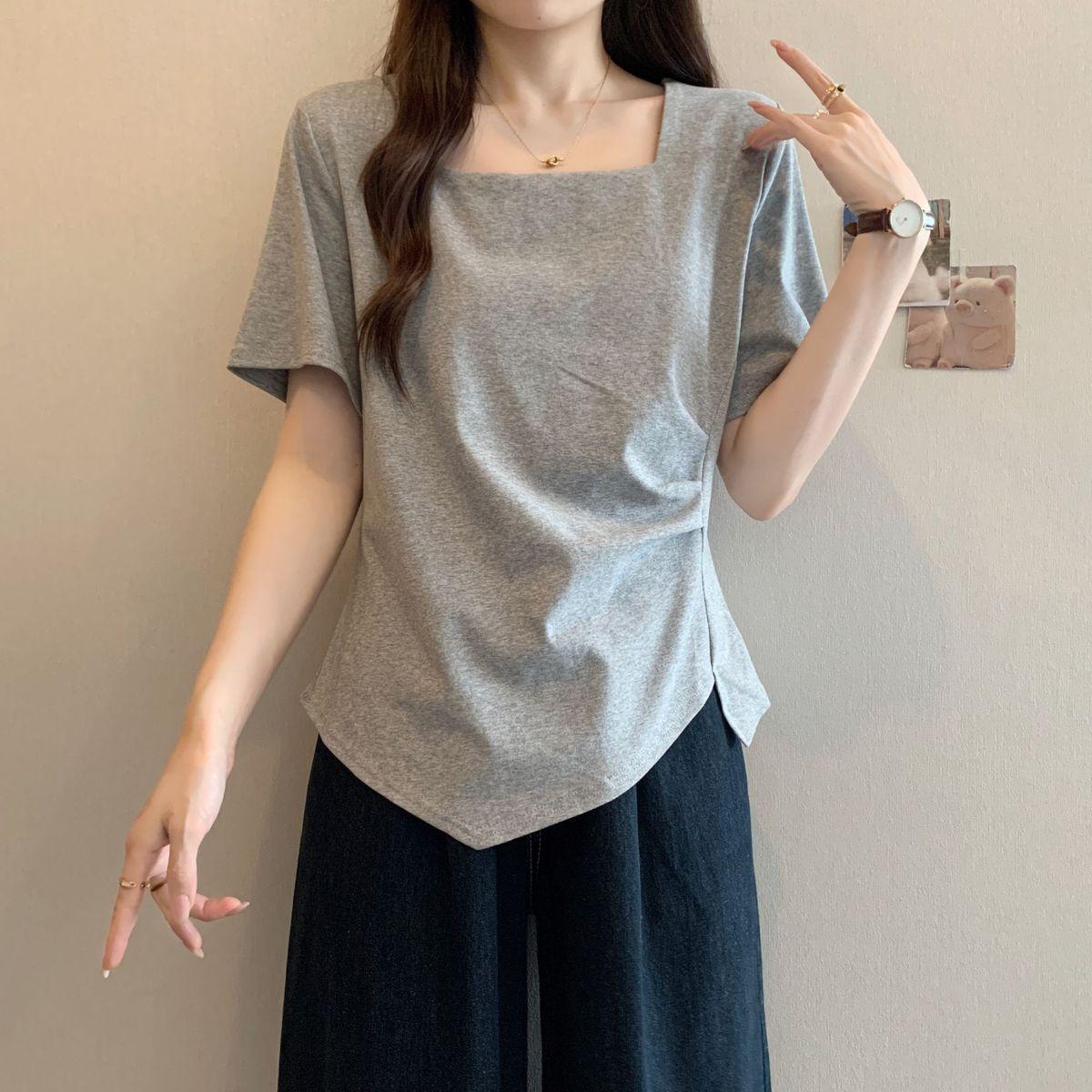 

Women s Grey Square Neck T-Shirt Short Sleeve Asymmetrical Hem Casual Slim Fit Basic Top L сірий колір