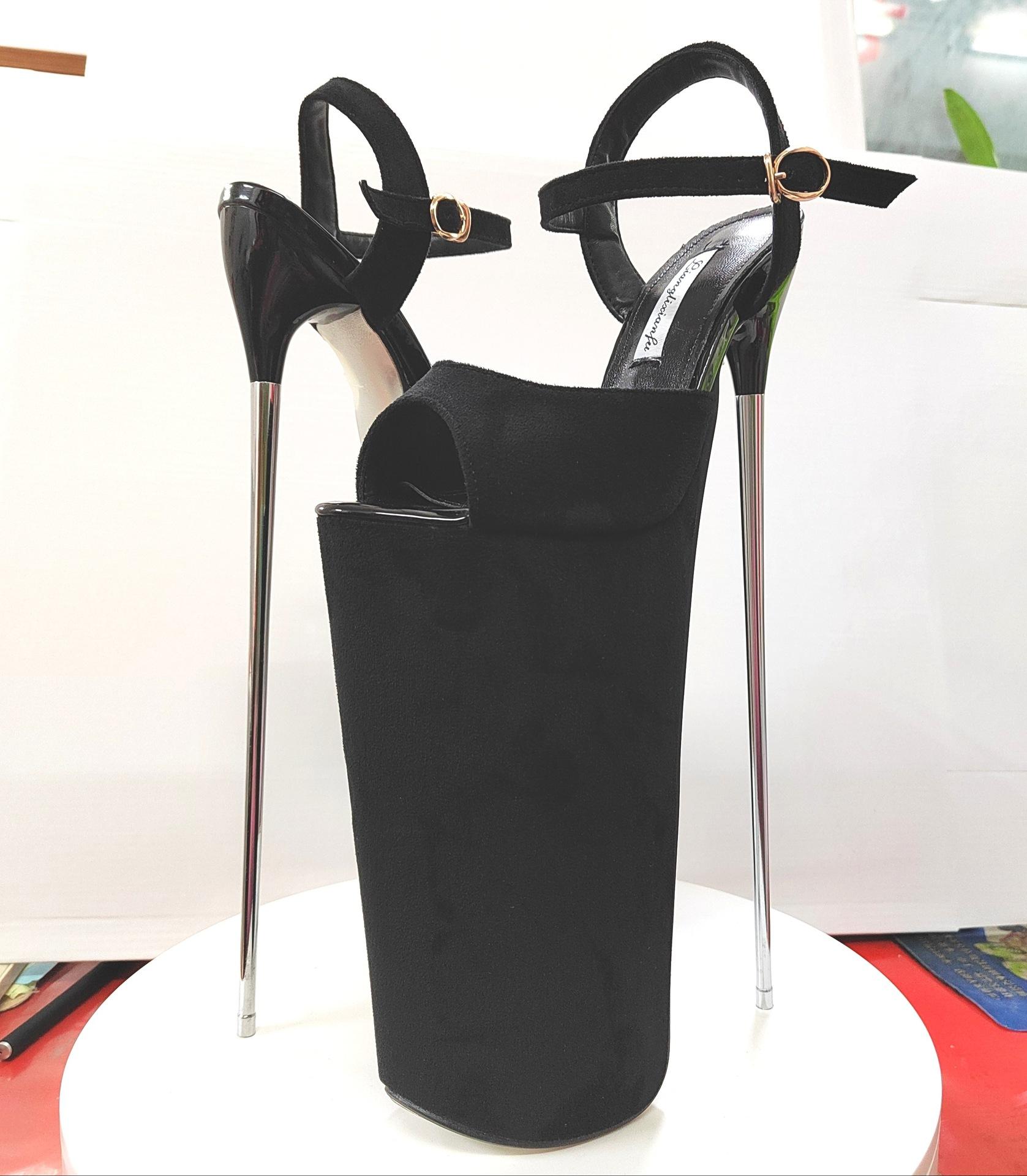 

New Super High Thin Heels 30 Cm Steel Heels Large Size Women s Sandals Suede Black Buckle Sky-high Sexy Shoes platform sandals 34