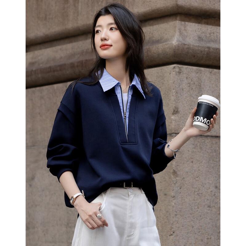 Demana Women's Fall Faux Two-Piece Striped Polo Sweatshirt