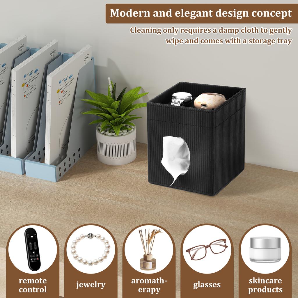2 In 1 Square Tissue Box Cover PU Leather Cube Facial Tissue Dispenser with Top Tray Desktop Decoration for Home Bathroom Office