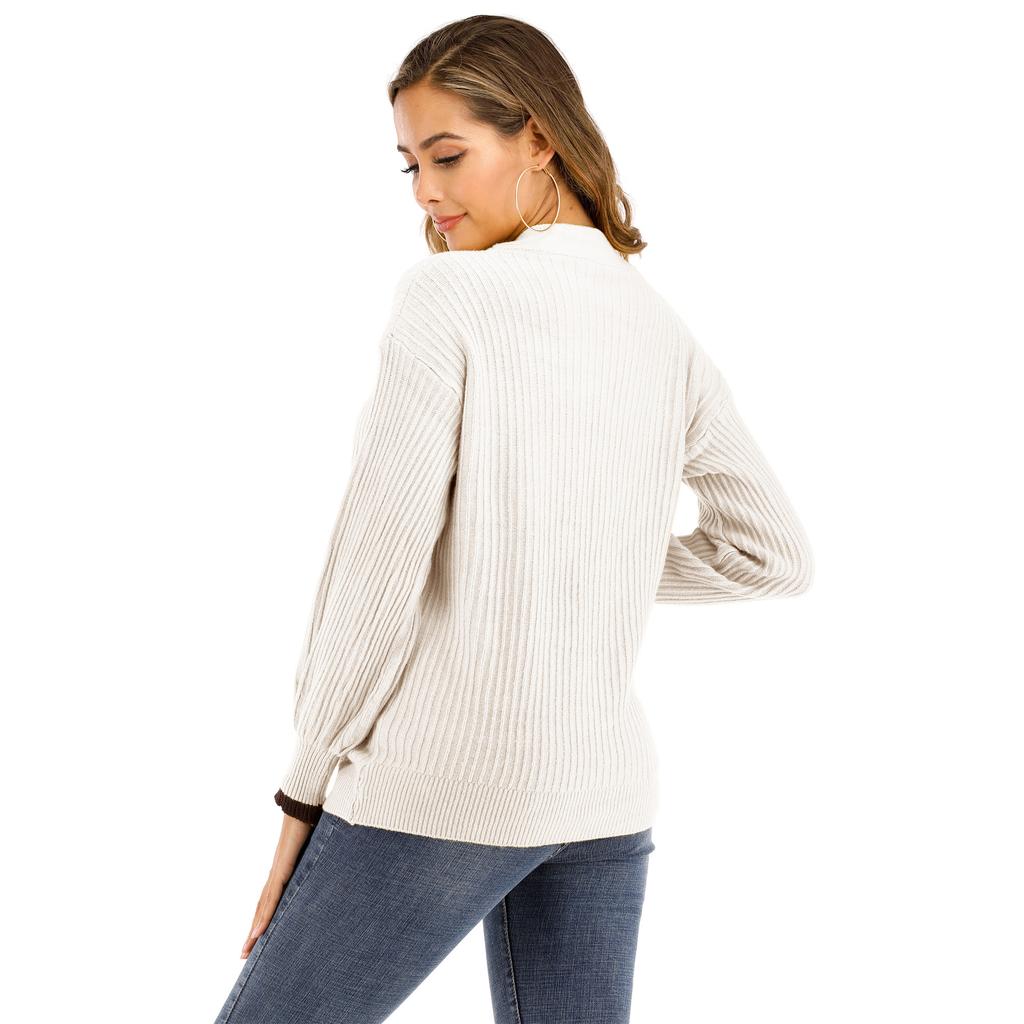 Autumn and Winter Women's V-neck Woven Single-breasted Pocket Long-sleeved Casual Jumper