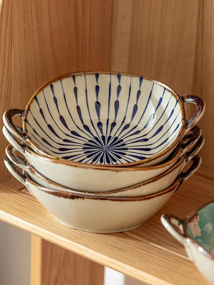 700ml Ceramic Salad Bowl With Handle Kitchen Soup Noodle Bowl Pasta Fruit Bowls Japanese Tableware Microwave Oven Bakware Pan