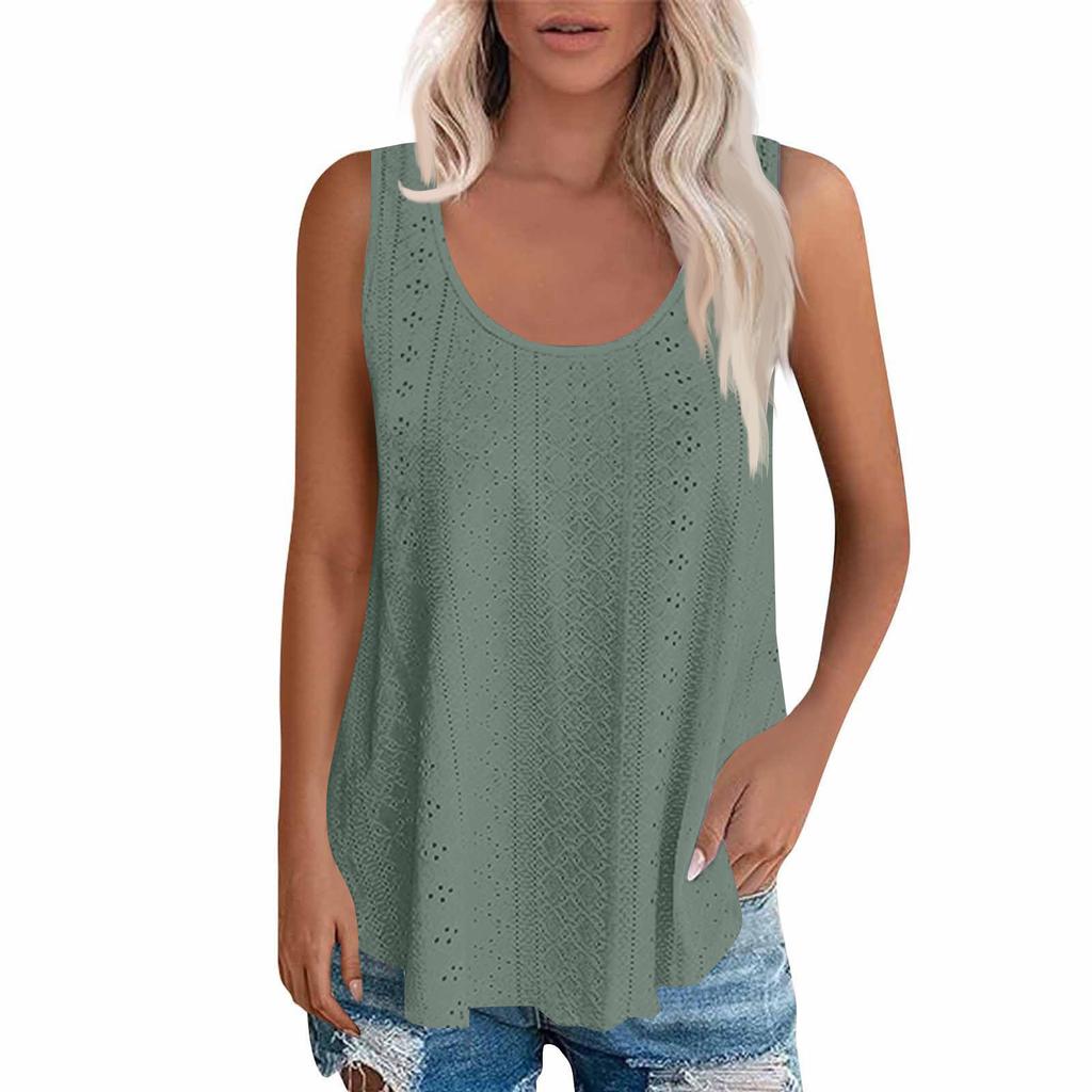 Sleeveless Eyelet Lace Tank Top for Women Casual Summer Scoop Neck Loose Fit Blouse Hollow Out Lightweight Shirt