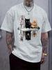 Casual Crew Neck T-shirt with Unique Cat Reflection Print – Fun Feline-Themed Design