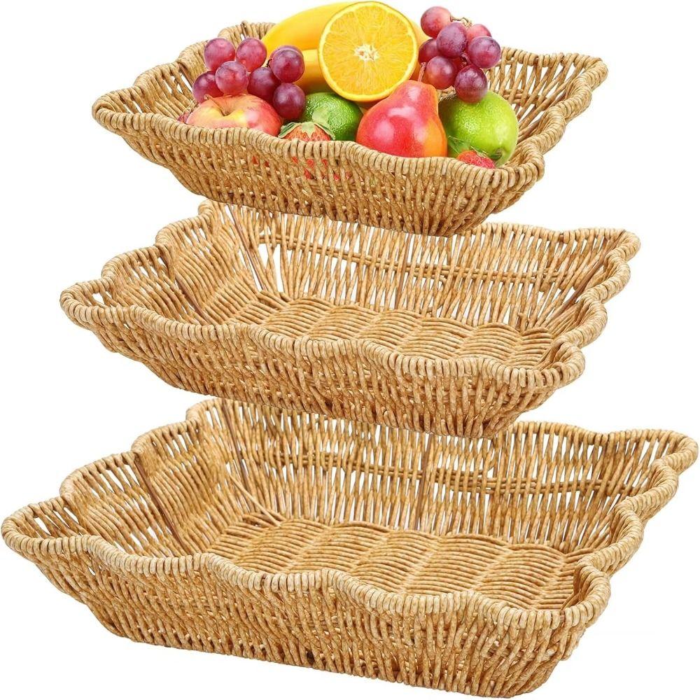 Plastic Hand Woven Storage Basket Rectangular Bread Storage Tray Durable Fruit Plate Picnic