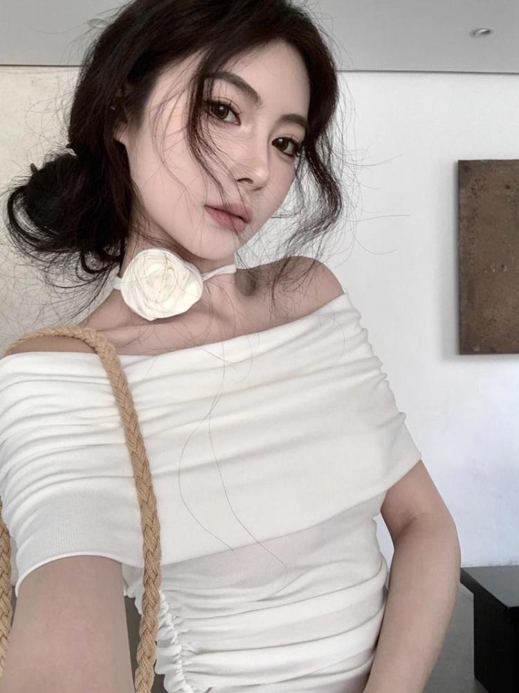 French Off Shoulder Short Sleeved T-shirt Female Summer New Pure Style Slim Elastic Short Blouse Korean Fashion Casual Tops Ins