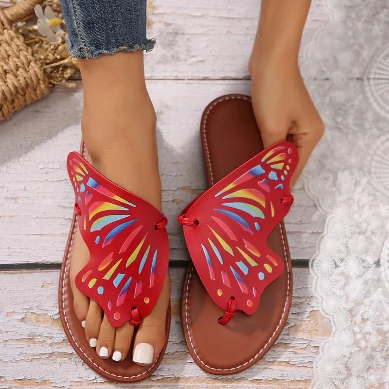 Women Butterfly Graffiti Slippers2025 Summer Fashion Lightweight Anti Slip Flat Bottom Flip Flops Outdoor Beach Casual Shoes