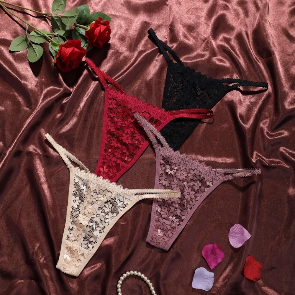 Low Waist Lace Flower Briefs Mesh T-Back Panties Comfortable Lace Thong Women  Daily Wear