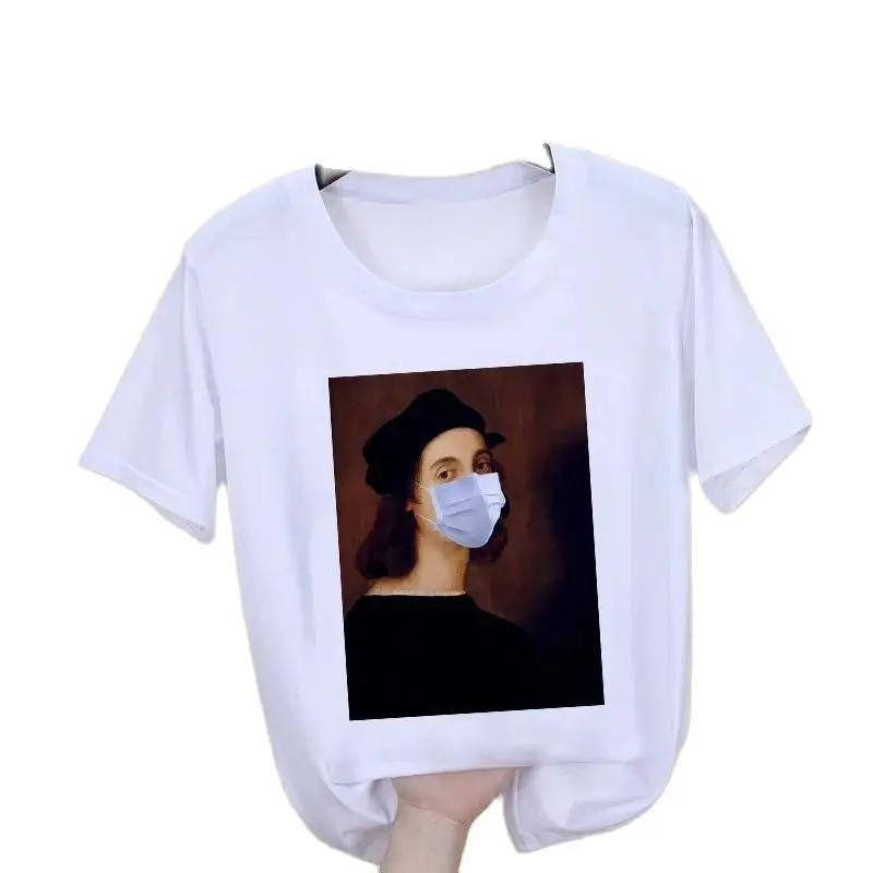 Parody Retro Oil Painting Print Ladies Simple Loose White Round Neck Short Sleeve T-shirt Women Clothing Graphic Tops Harajuku