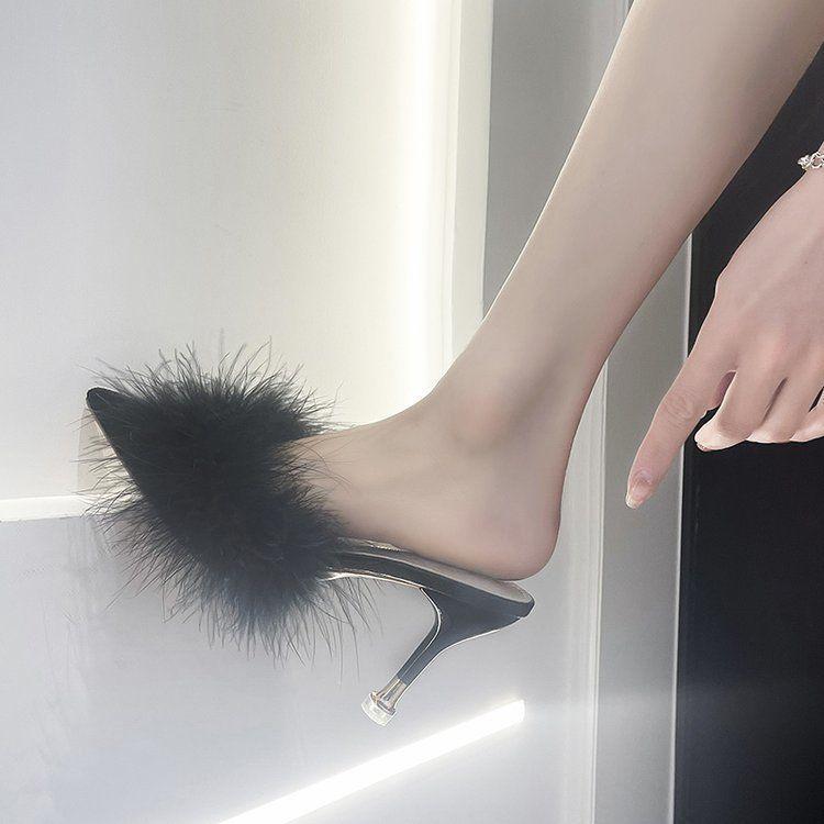 Fairy Wind Fluffy Half Slippers Female Outer Summer Sandals Medium Heel Versatile Pointed Stiletto High Heels Bag Head Sandals