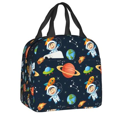 Weltraum Universum Astronaut Lunchtasche Thermokühltasche Isoliert Cartoon Raumschiff Astronaut Lunchbox für Frauen Kinder Schule Essenstaschen