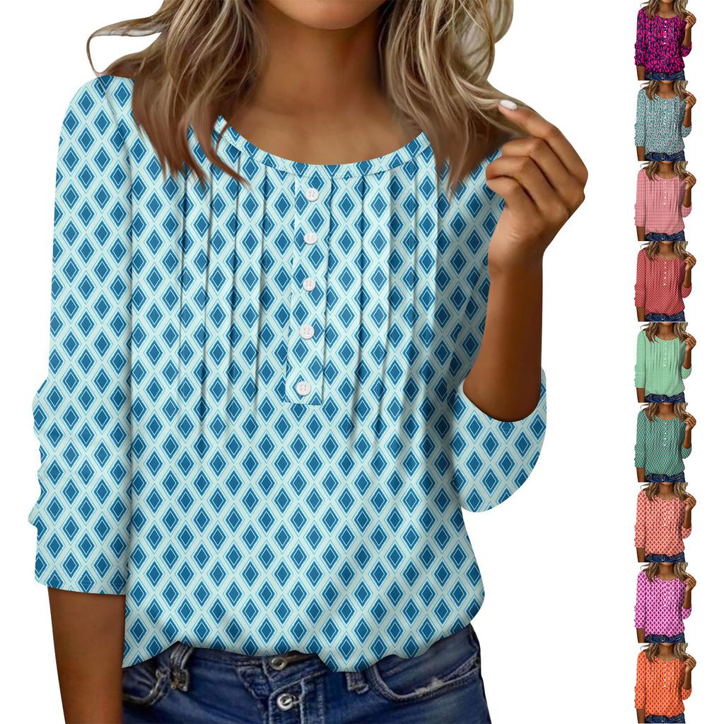 Women's Round Neck Pull Stripe Decorative Button Top Casual Solid Color 3/4 Sleeve T Shirt