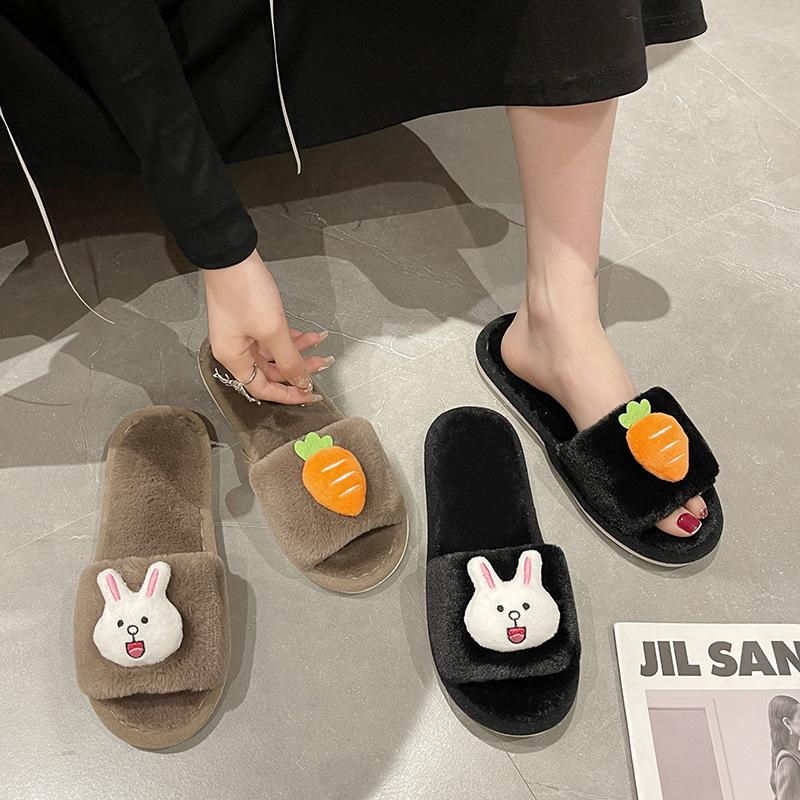 Cotton Slippers for Women, Cute Radish Rabbits In Autumn and Winter, Indoor Home Plush Postpartum Warmth, One Word Slippers, Cartoon Slippers