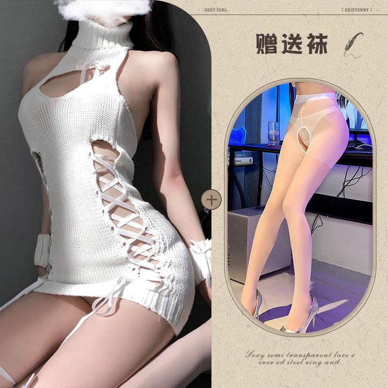Sex Underwear Turtleneck Halter Hollow Work Mouth Sex Sweater Knitted Suit Seductive and Sexy