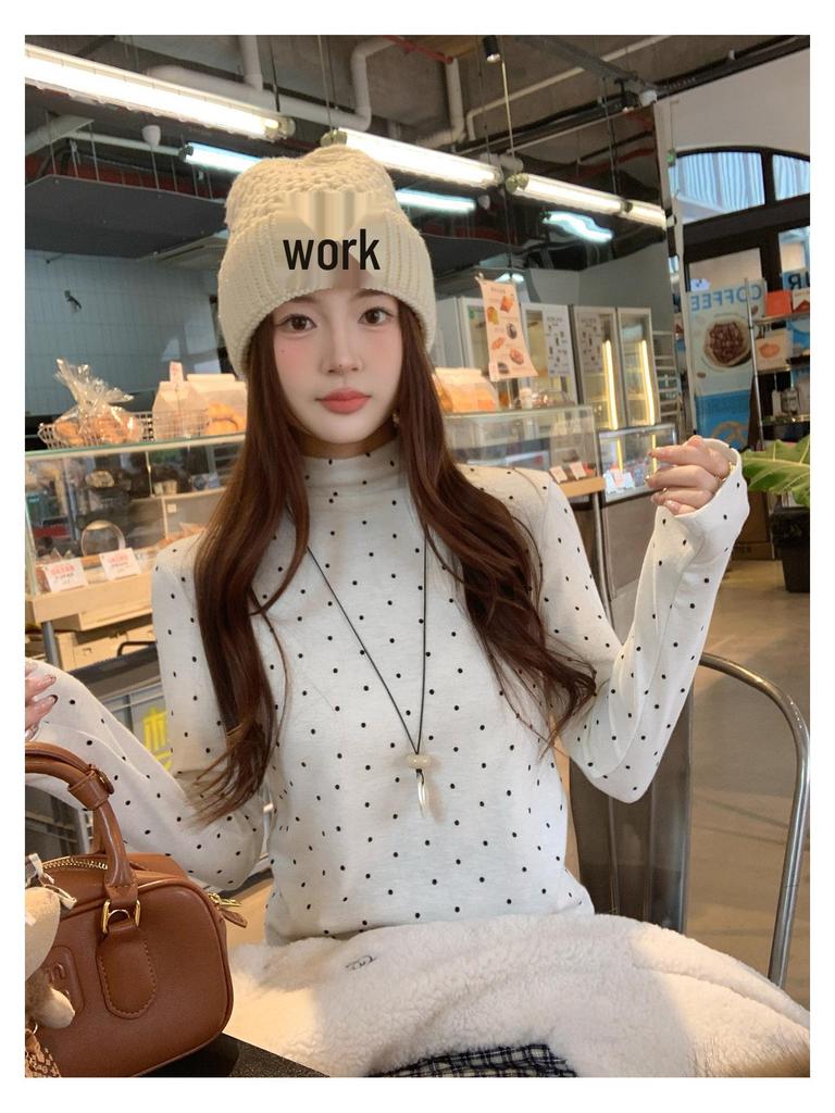 Women's Polka Dot Fleece-Lined Long-Sleeve Base Layer Shirt - Korean Style Winter Top