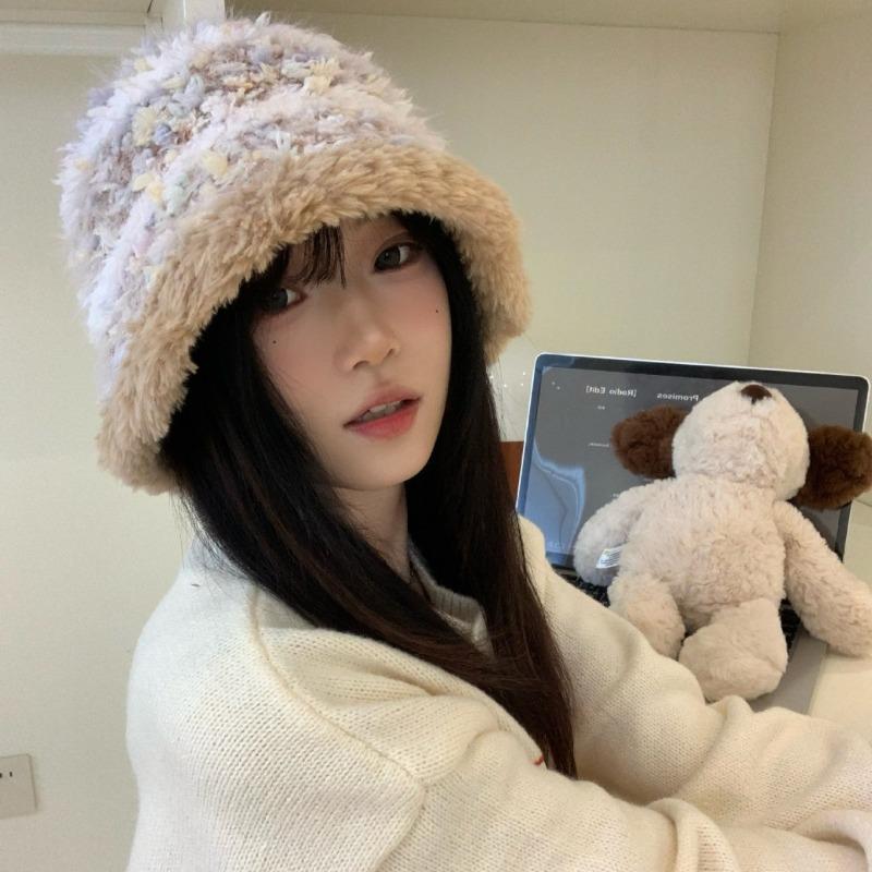 Women S Striped Knitted Bucket Hat Winter Warm Plush Ear Protection Hat