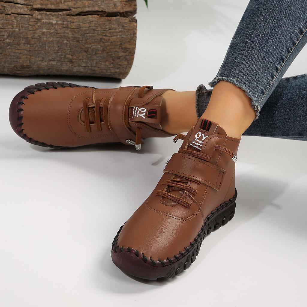 Winter Plush Women's Boots Oxford Handmade Sewing Soft Soled Sneakers Leather Ankle Boots for Women Warm Plush Cotton Shoes