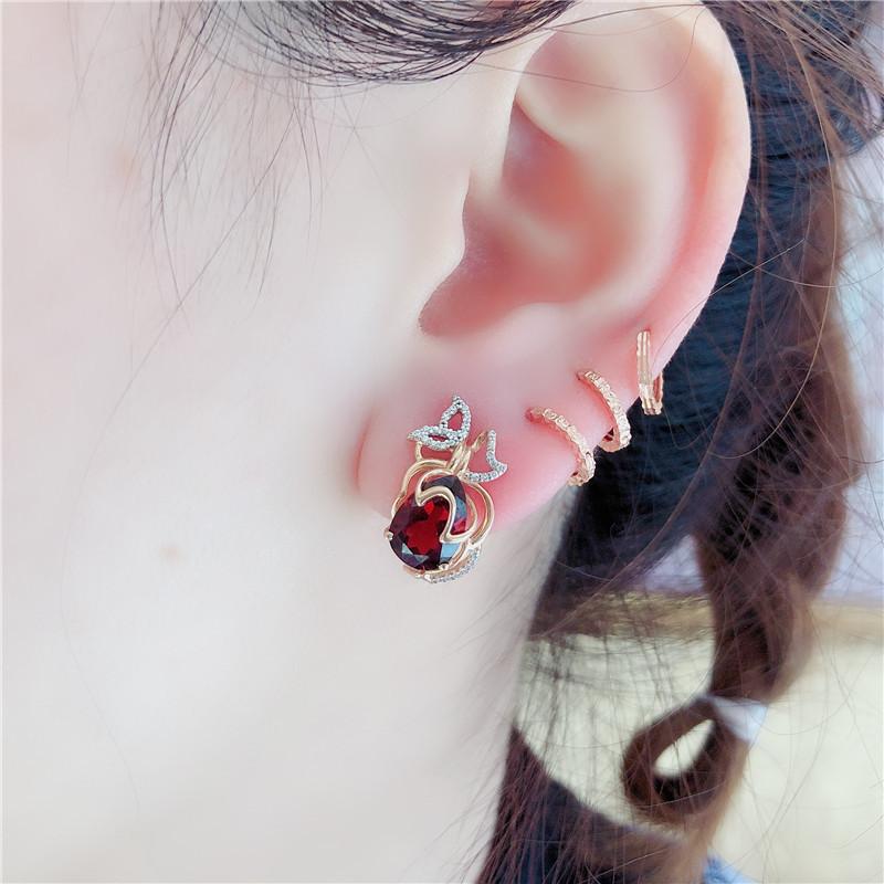 Purple Gold Inlaid Garnet Earrings, Women'S Tide High-End Temperament Rose Gold-Plated Colored Gold Earrings.
