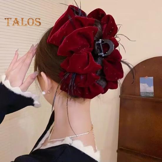 Women Hair Claw Large Pleated Velvet Multi-Layered Bowknot Decor Versatile Hair Clamp Hair Accessories