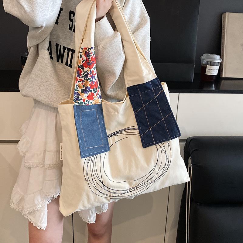New canvas bag female student retro splicing shoulder bag large capacity shopping bag fashion tote bag
