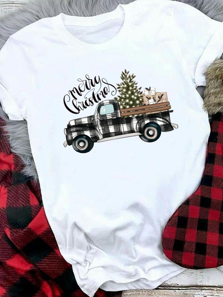 (Asian Size) Women Holiday Print Tee Top festival Merry Christmas New Year letter sweet 90s Casual  Lady Short Sleeve Fashion Graphic T-shirts