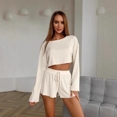 Ensemble pyjama en maille côtelée à manches longues pour femme - Confortable pour la maison - Été 2025