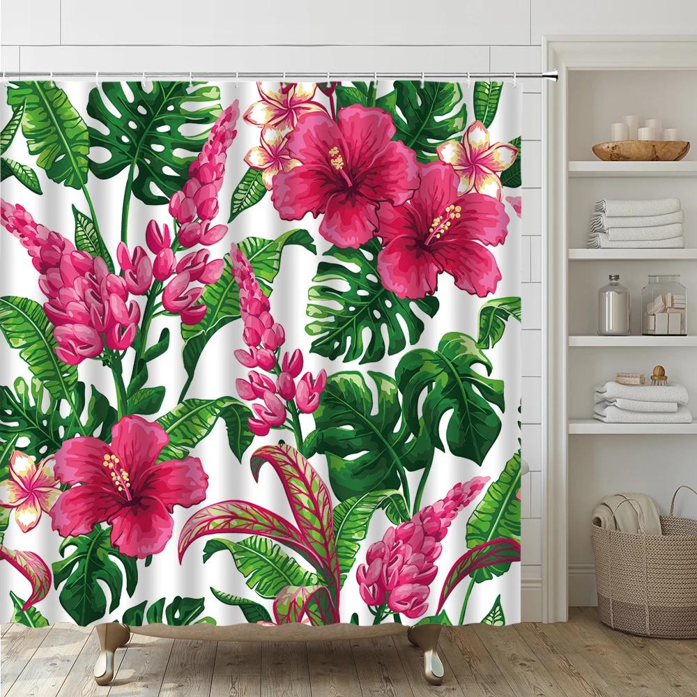 Tende da Doccia con Foglie di Palma Tropicale Set Tappeti Accessori Fiori di Plumeria Rosa Ibisco Floreale Decorazioni Bagno Tropicali Tende Tappetino da Bagno