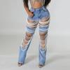 Pantalon en jean élastique à perles pour femme avec trou cassé et industrie lourde