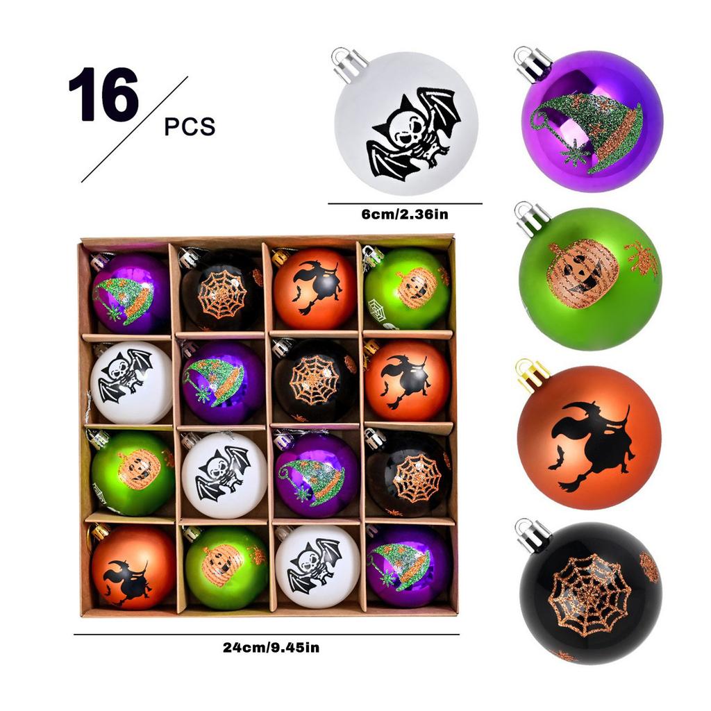 Halloween Painted Electroplated Spooky Balls 6cm 16pcs Dark Skeleton Pumpkin Ball Decoration Set Tree Hanging Party Decor