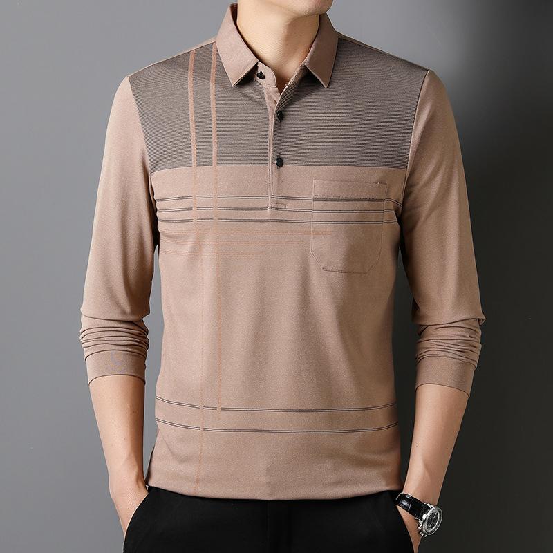 Men'S Long-Sleeved Polo Shirt Men'S Striped Lapel Collar T-Shirt Medium Casual Belt Pocket Top