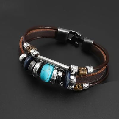 Fashion Retro Charm Leather Bracelet Party Gift Couple Multi-layer Ethnic Style 1PC Turquoise Beaded Personality Bracelet Fashion
