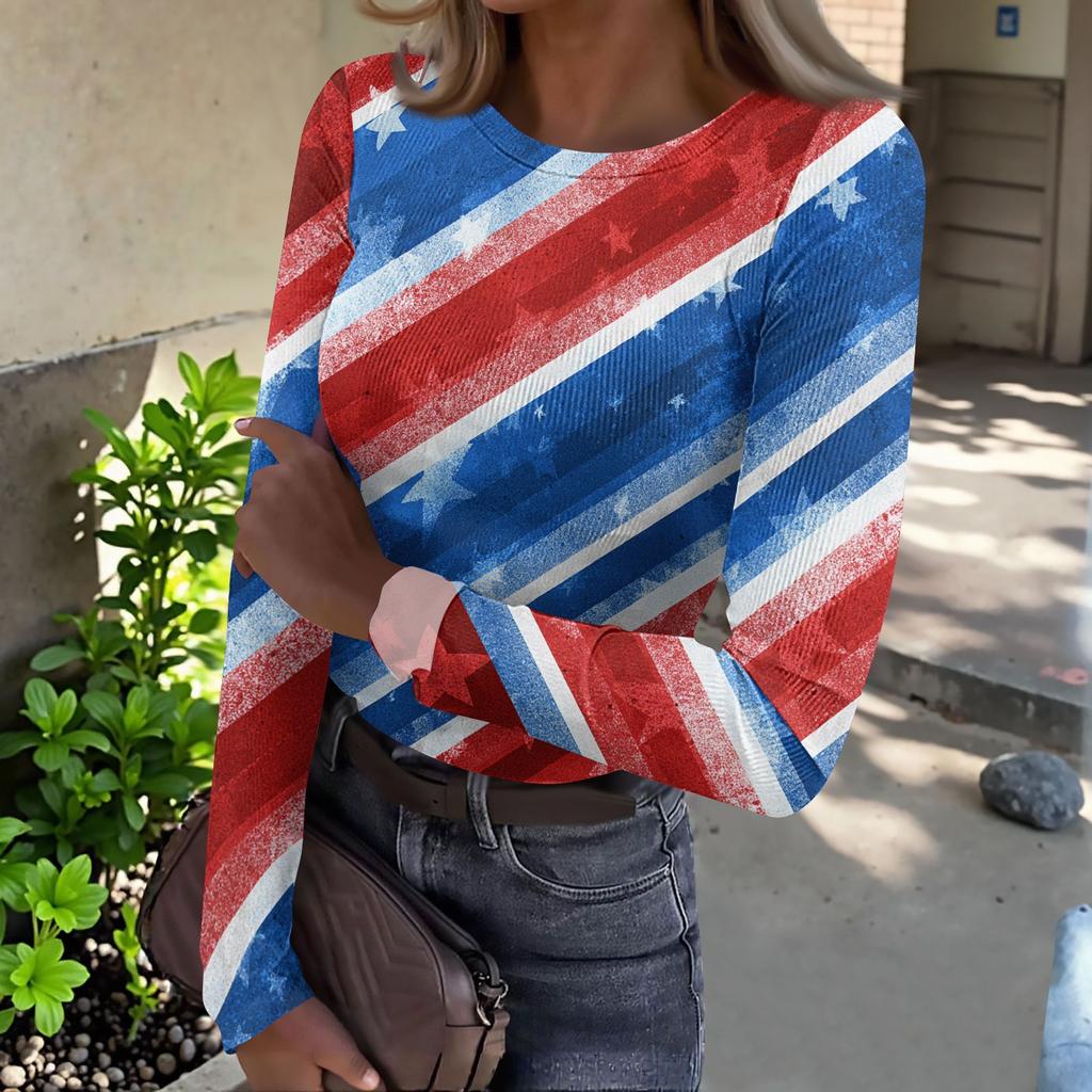 Women's Casual Fashion Round Neck Independence Day Print Long Sleeve Ribbed Top