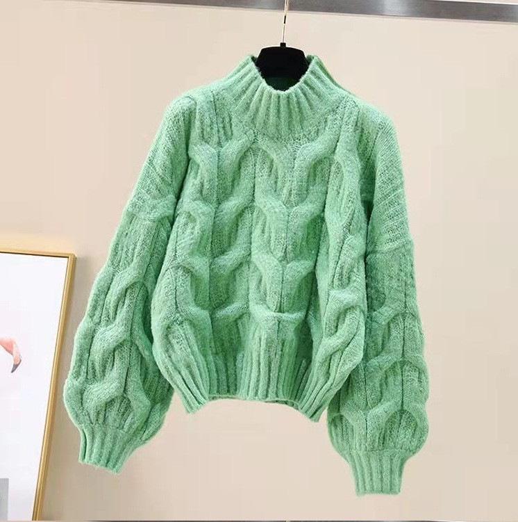 Sweter damski w stylu koreańskim z dzianiny warkoczowej z rękawami typu latarnia – luźny krój, gładki, pulower na jesień/zimę