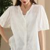 Johnature Woman Summer Fashion Embroidery Cotton Short Sleeves Shirt Chinese Style Vintage Solid Color Loose Shirt