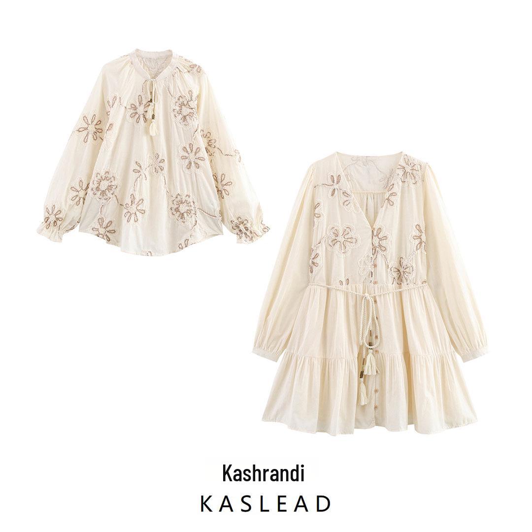 

European & American Style Floral Embroidery Shirt Dress Medium