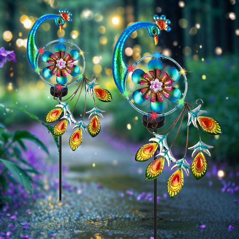 Waterproof Metal Peacock LED Solar Lights Decor Rainbow Wind Spinners Stake Windmill Pinwheels Insert Garden Yard Lawn