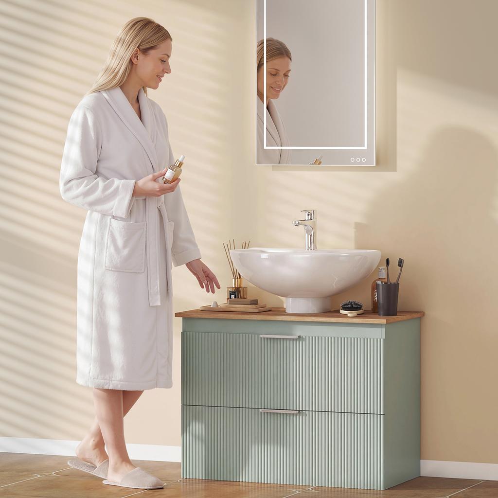 Under-sink Cabinet, Bathroom Cabinet with 2 Drawers, Modern Style, 80 X 40 X 60 Cm, Green and Natural Wood