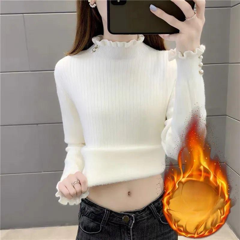 

Суцільний оксамитовий теплий і приталений светр. Жіночий осінньо-зимовий напіввисокий комір із товстою в’язаною основою та оксамитовий внутрішній одяг із пуловером XL білий