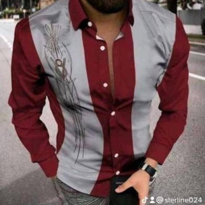 

Men s Satin Long Sleeve Shirt Red Swirl Print Button-Up Casual Party Top S червоний