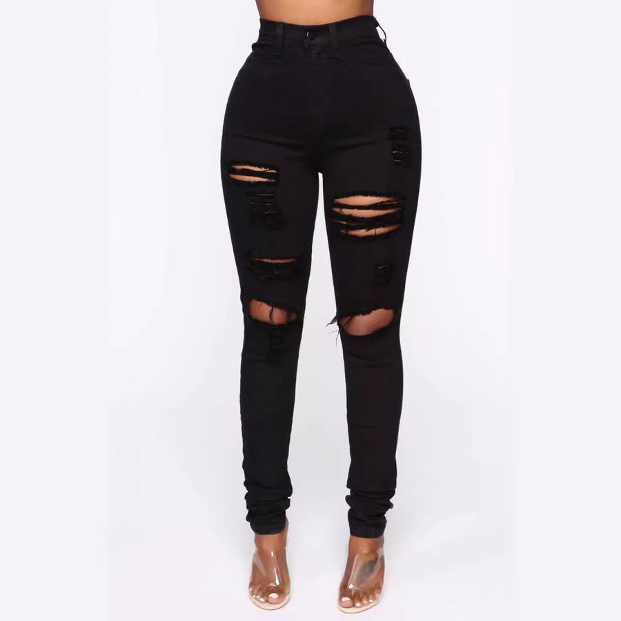 New Black and White Elastic Hole Denim Jeans Women's Slim Fit Pants