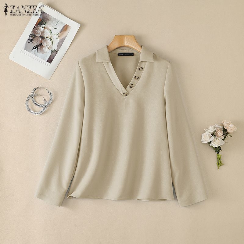 ZANZEA Womens Casual Lapel V Neck Long Sleeve Solid Color Blouse Loose Fit Work Office Shirts