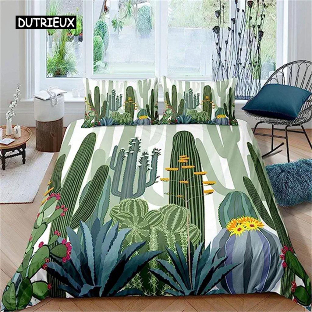 Cartoon Cactus Duvet Cover Green Plants Succulents Bedding Duvet Cover Kids Teens Nature Art Soft Microfiber Bedroom Decorative