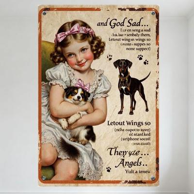 Vintage Mädchen Hund Metallschild, Abgenutzte Retro Metallplakette mit Mädchen & Zwei Hunden, Engelsmotiv, Hellgrüner Hintergrund, Wanddekor