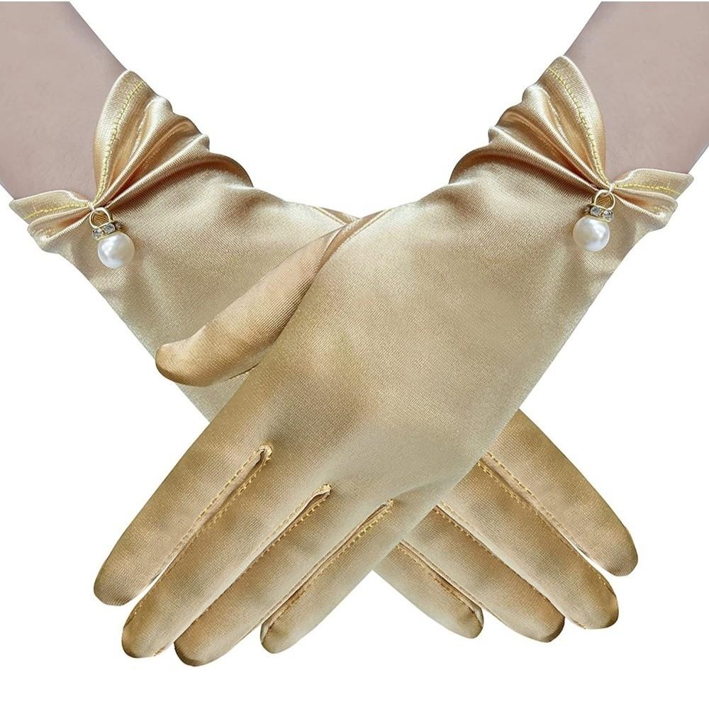 Pearl Decorative White Satin Bridal Gloves Wrist Length Women Silk Gloves Ladies